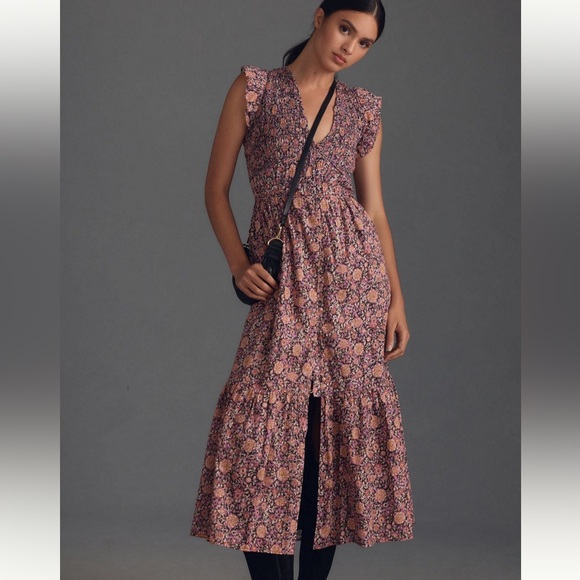 Anthropologie Dresses & Skirts - ANTHROPOLOGIE The Peregrine Midi Dress in Purple Pink Printed Smocked S Petite